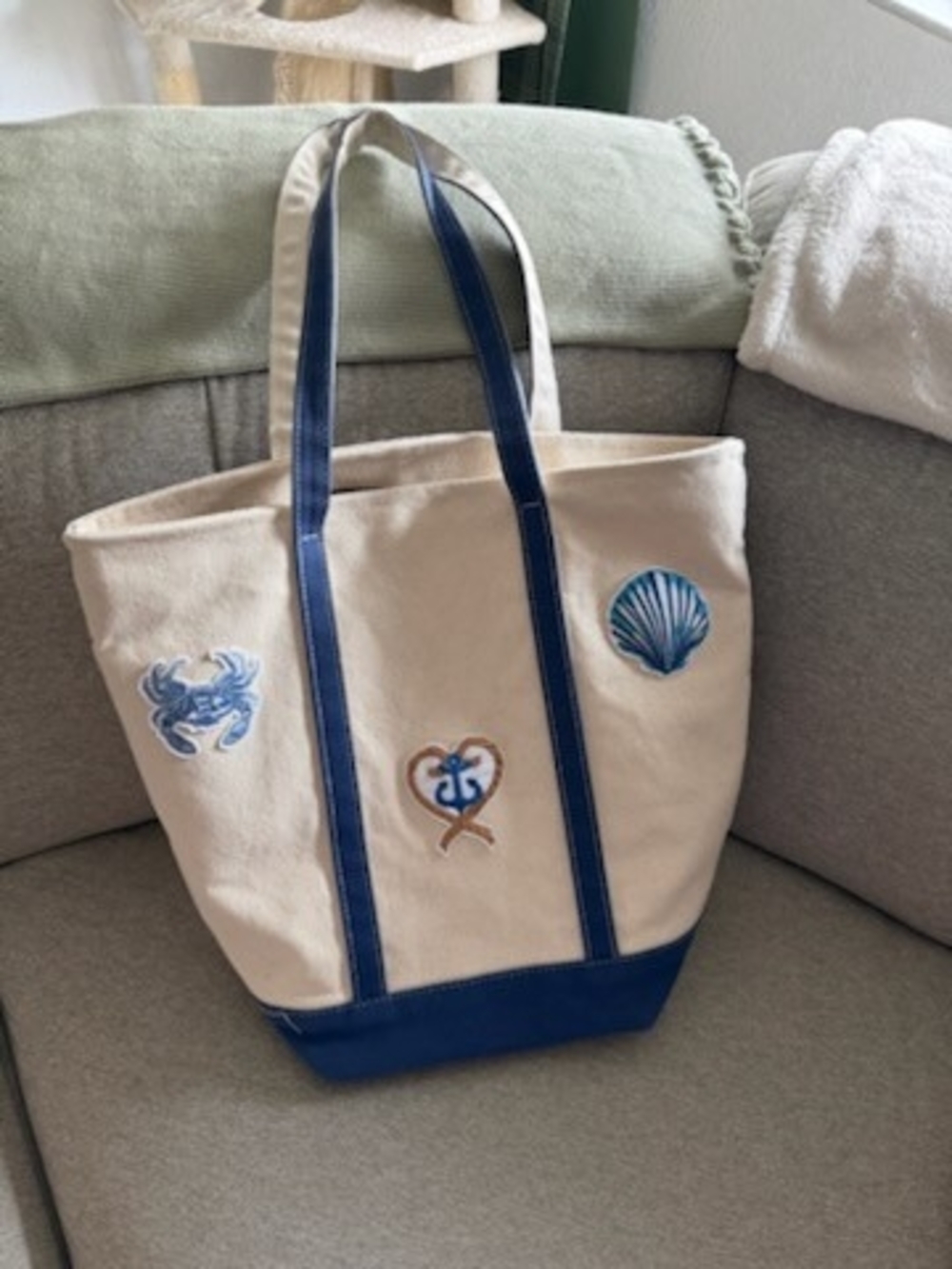 Canvas Tote with Nautical Embroidery - Blue & Cream
